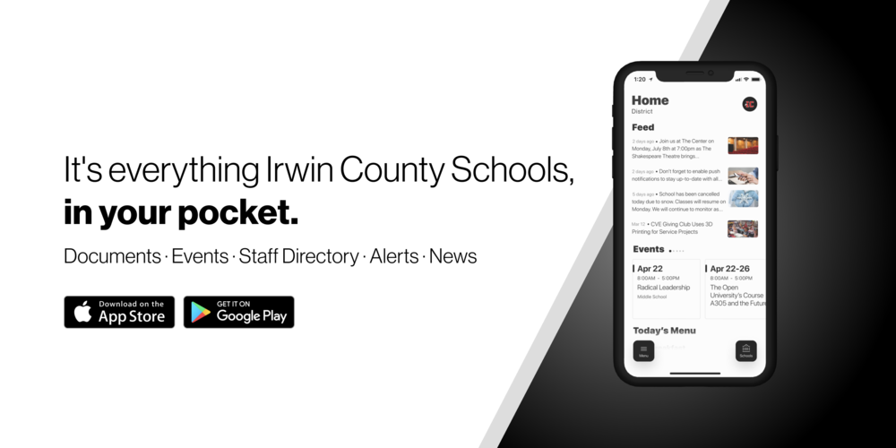 "It's everything Irwin County Schools, in your pocket." image of phone with app