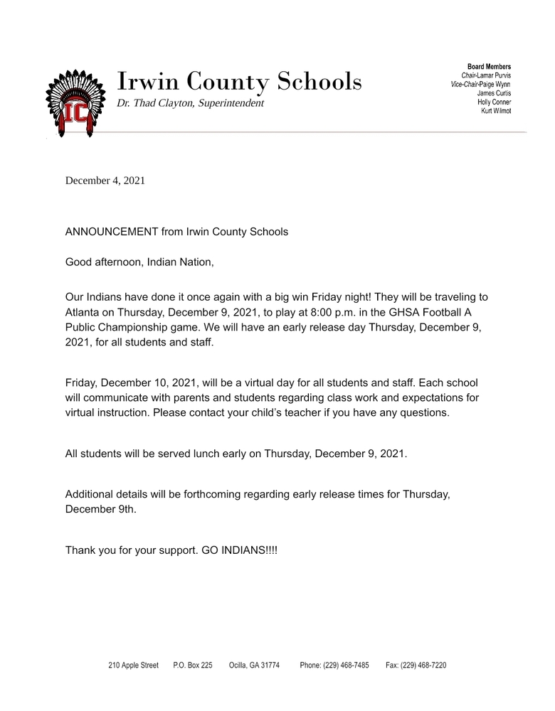 Early Release Information for December 9th and Virtual Day December 10th 