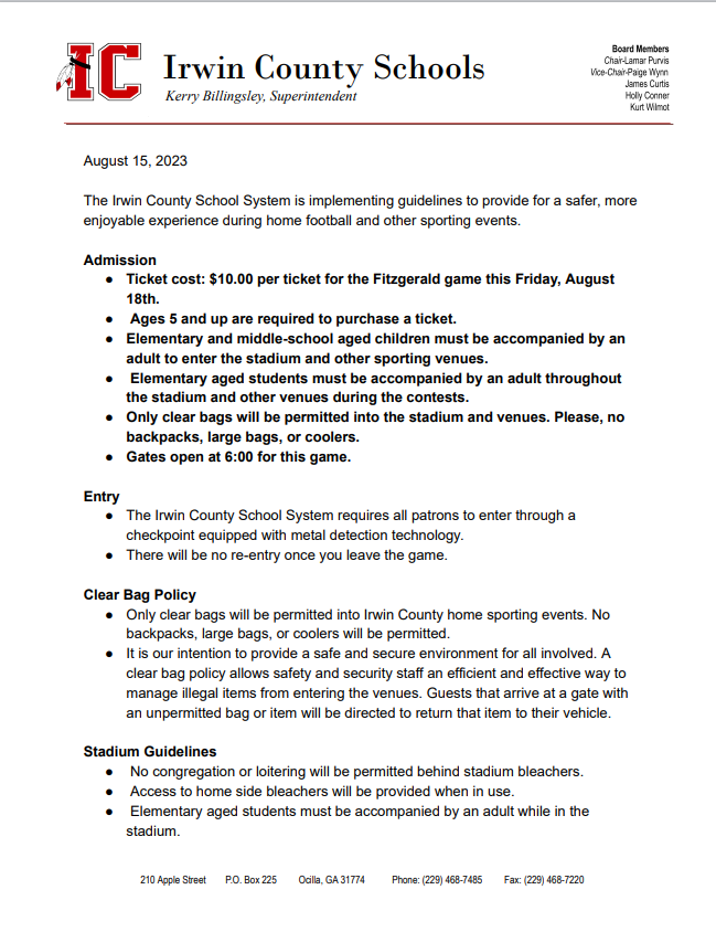 Irwin County Schools' Events' Guidelines Updated for the Home Football Game against Fitzgerald this Friday