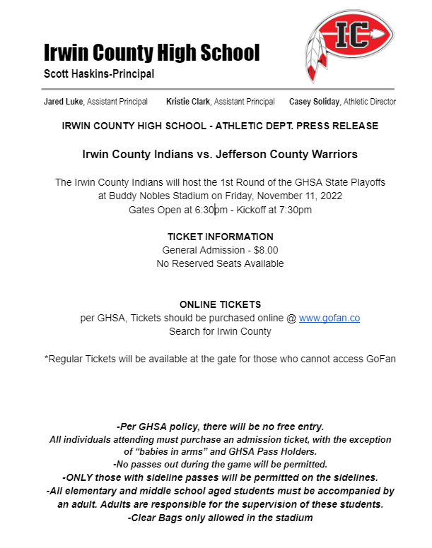 Irwin County High School - Athletic Dept. Press Release
