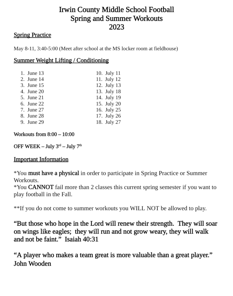 ICMS Football Spring and Summer Workouts