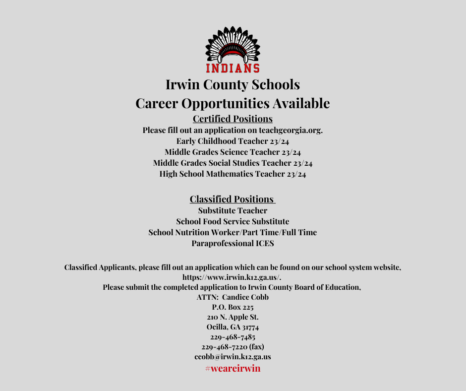 Irwin County Schools Career Opportunities Available