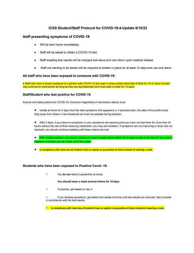 ICSS Student/Staff Protocol for COVID-19-4-Update 8/15/2022