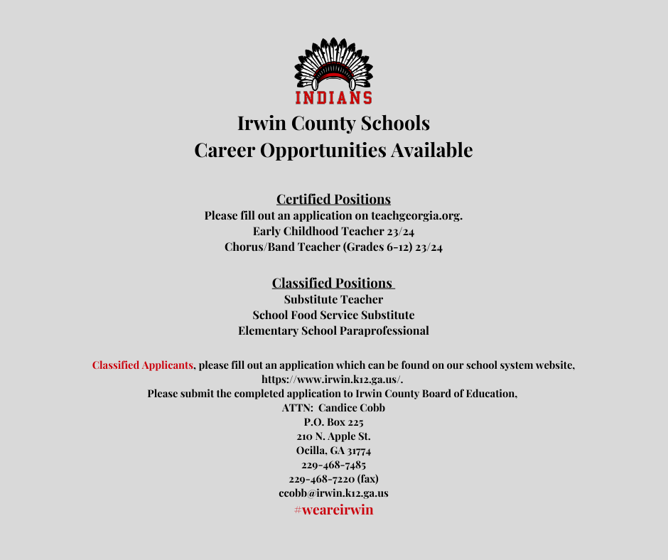 Irwin County Schools Career Opportunities Available Irwin County