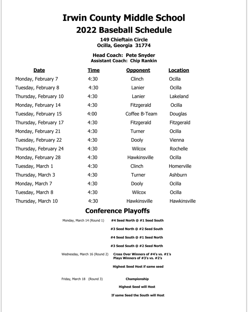 ICMS Baseball Schedule 2022