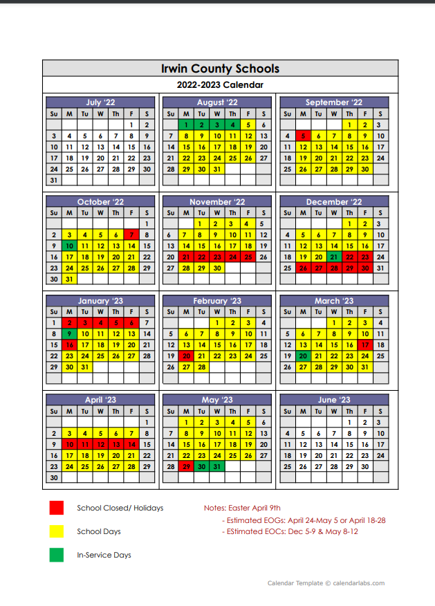 ICSS Calendar 22/23 Irwin County Schools