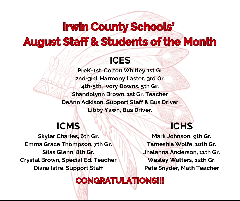ICSS August Staff and Students of the Month (ICHS Only)