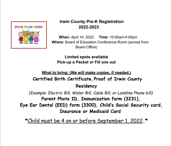 Irwin County Pre-K Registration 2022-2023
