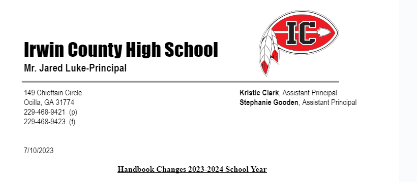 Irwin County High School 's 2023-2024 Student Handbook Changes