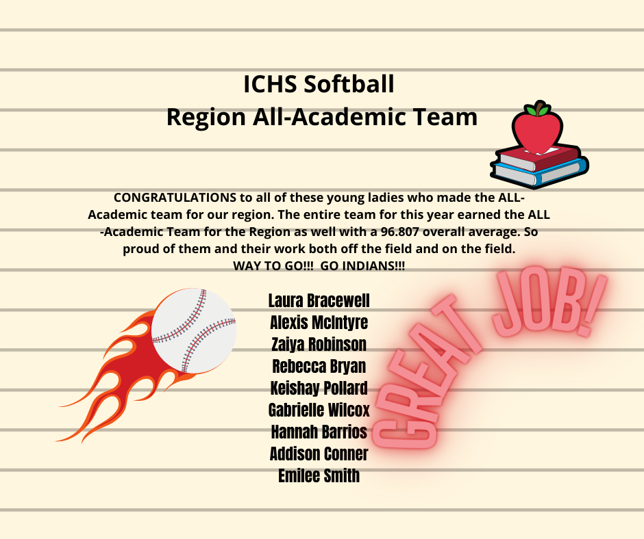 ICHS Softball makes All-Academic Team for the Region