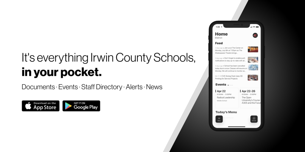 "It's everything Irwin County Schools, in your pocket" image of phone and app
