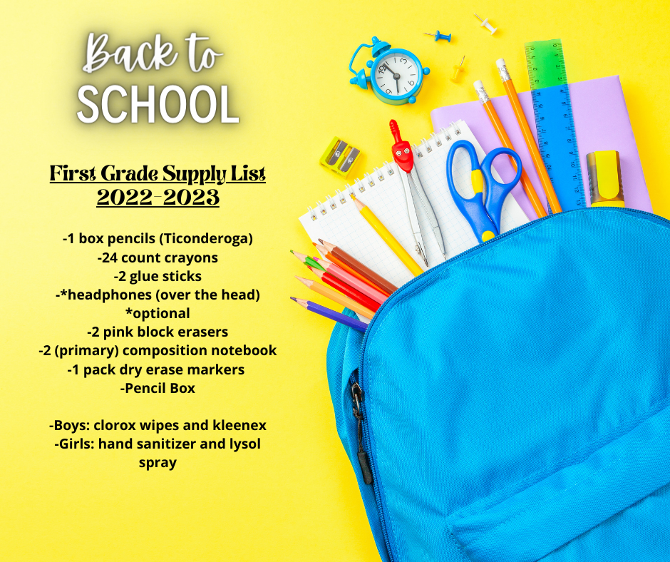 1st Grade 2022-2023 School Supply List