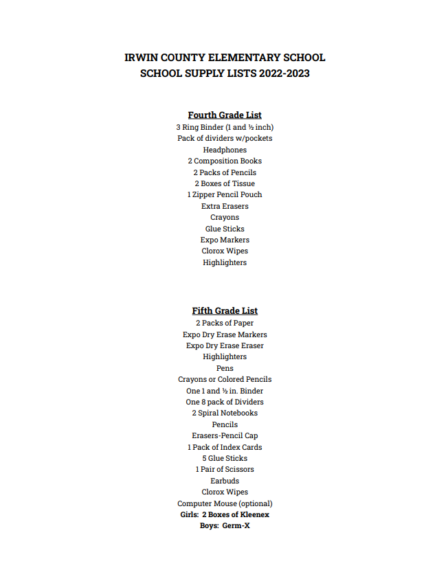 ICES Pre-K through 5th Grade School Supply Lists 22/23