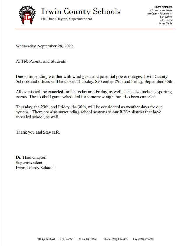 ICSS School Closure 9/29-9/30