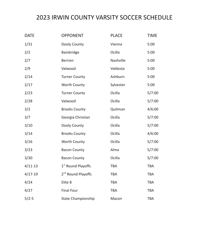 ICHS Soccer Schedule 