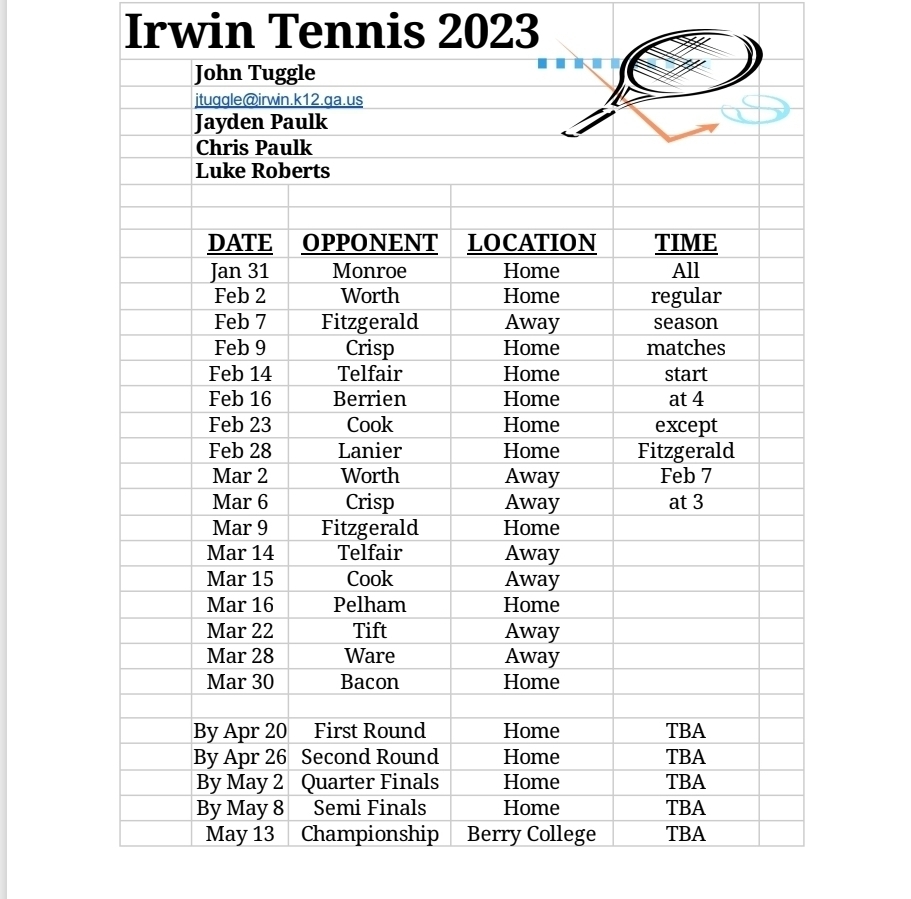 ICHS Tennis Schedule 