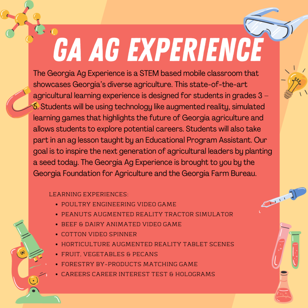 GA AG Experience  for 3rd and 4th Grades this Wednesday and Thursday (3/15-3/16)