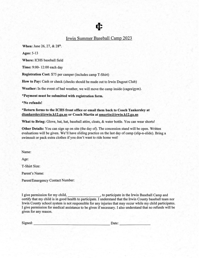 Remember to get signed up for the Irwin Summer Baseball Camp! It will be June 26, 27, & 28! Campers will get lots of baseball instruction while also having a lot of fun! All campers will receive a written evaluation. We will have sliding practice again on the slip-n-slide on the last day of camp & all campers will get a t-shirt! I have listed the link to sign up below & the venmo bar code is on the form (you can also pay with cash or check). https://docs.google.com/.../1FAIpQLSdoHJTjhfV.../viewform...